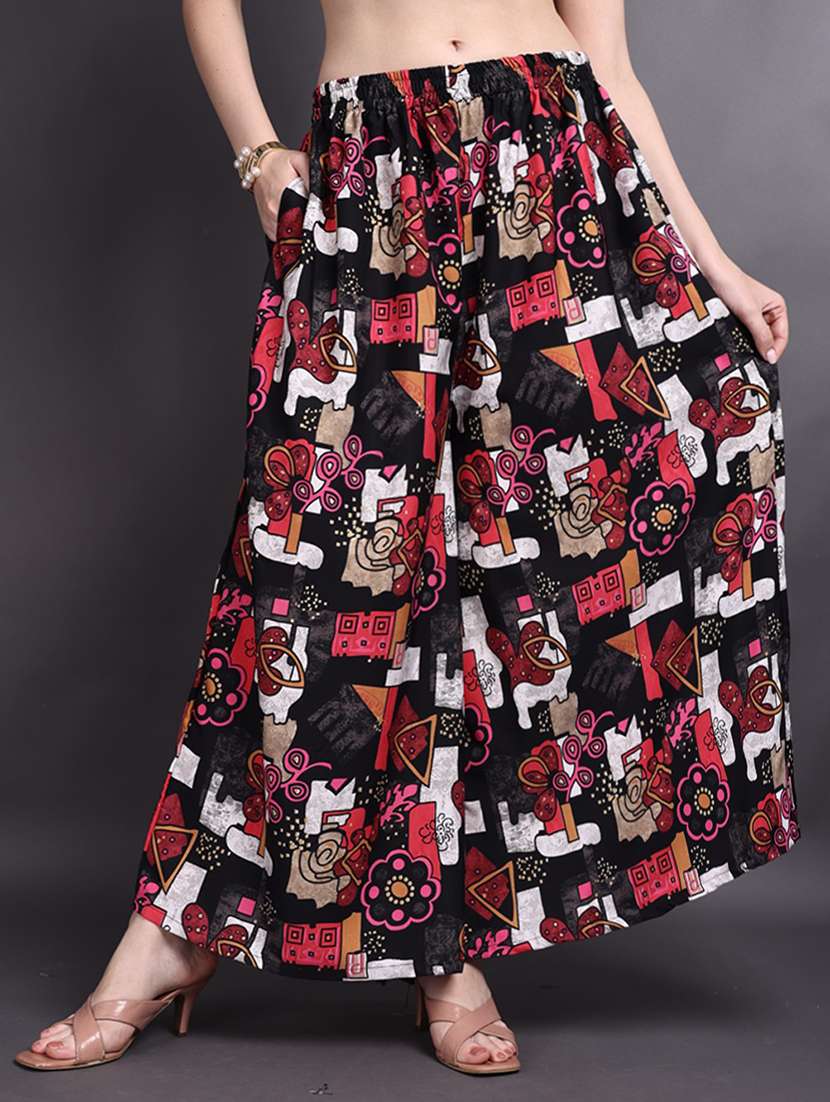 women printed mid rise flared palazzo