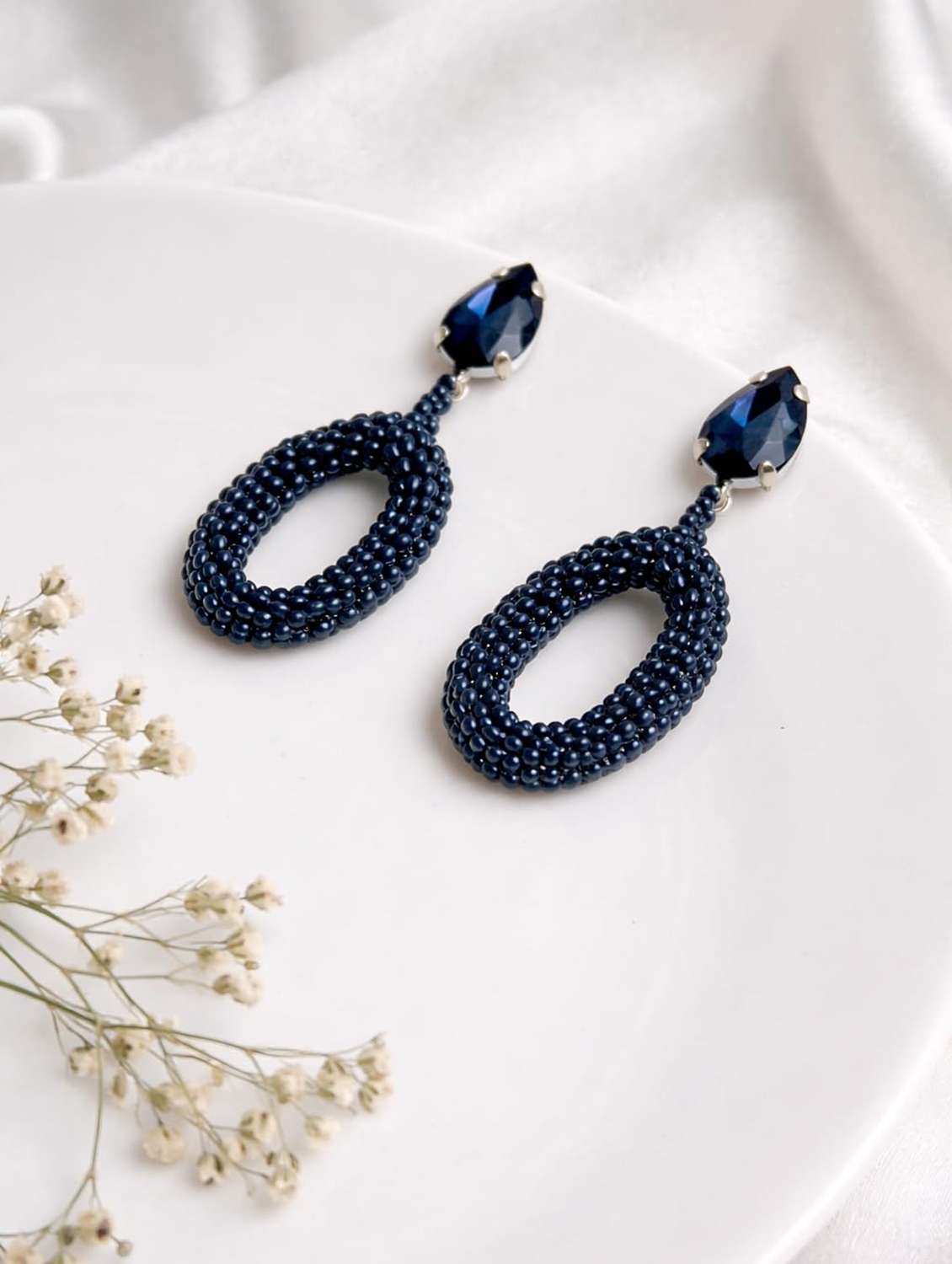 navy blue beaded drop earrings with crystal stud 