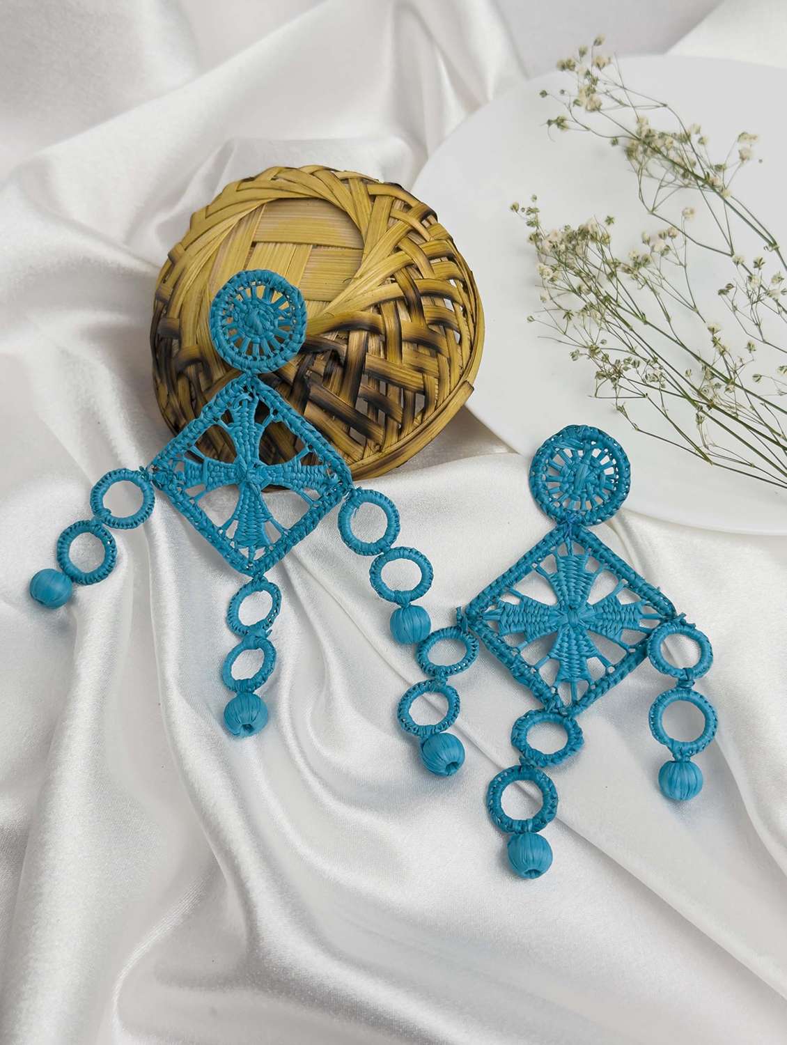 turquoise raffia statement earring