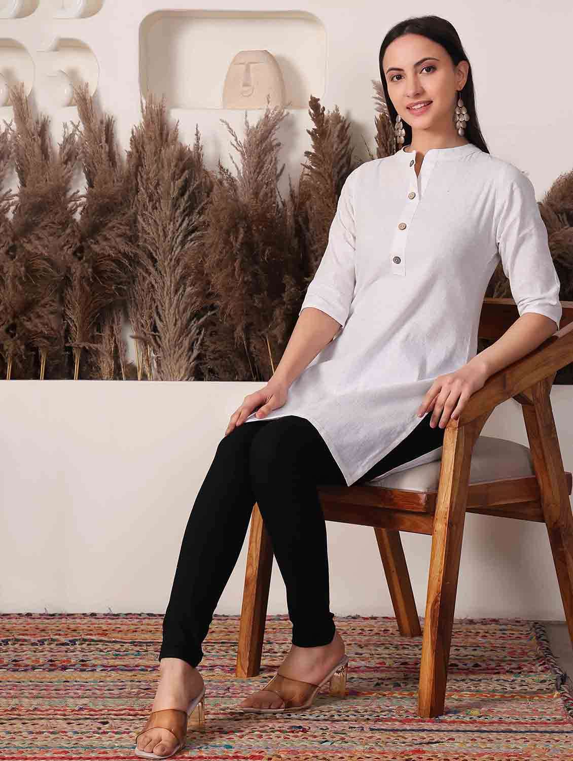 Women Solid With Work Three Quarter Sleeve Straight Kurti - 22498122 -  Standard Image - 4