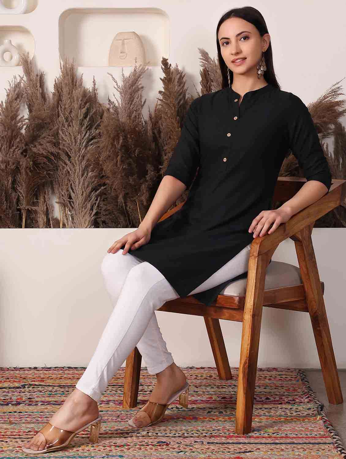 Women Solid With Work Three Quarter Sleeve Straight Kurti - 22498123 -  Standard Image - 4