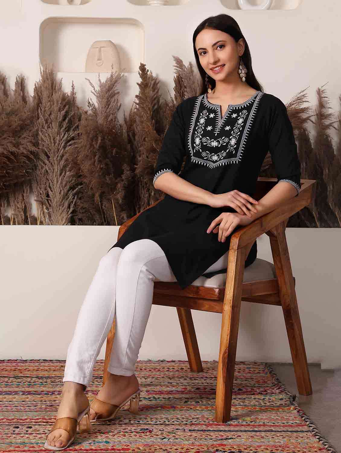 women embroidered three quarter sleeve straight kurti - 22498124 -  Standard Image - 4