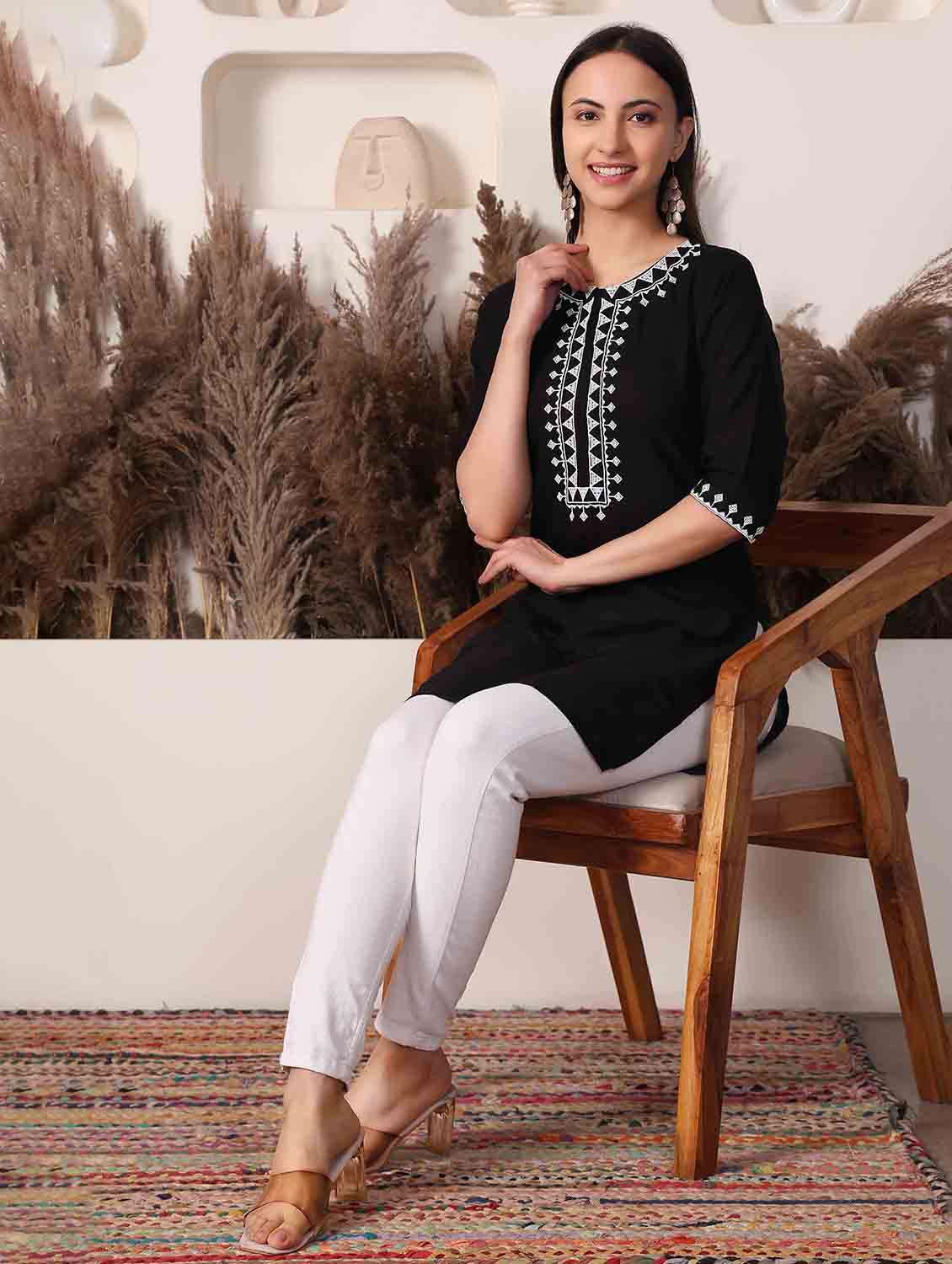 women embroidered three quarter sleeve straight kurti - 22498126 -  Standard Image - 4