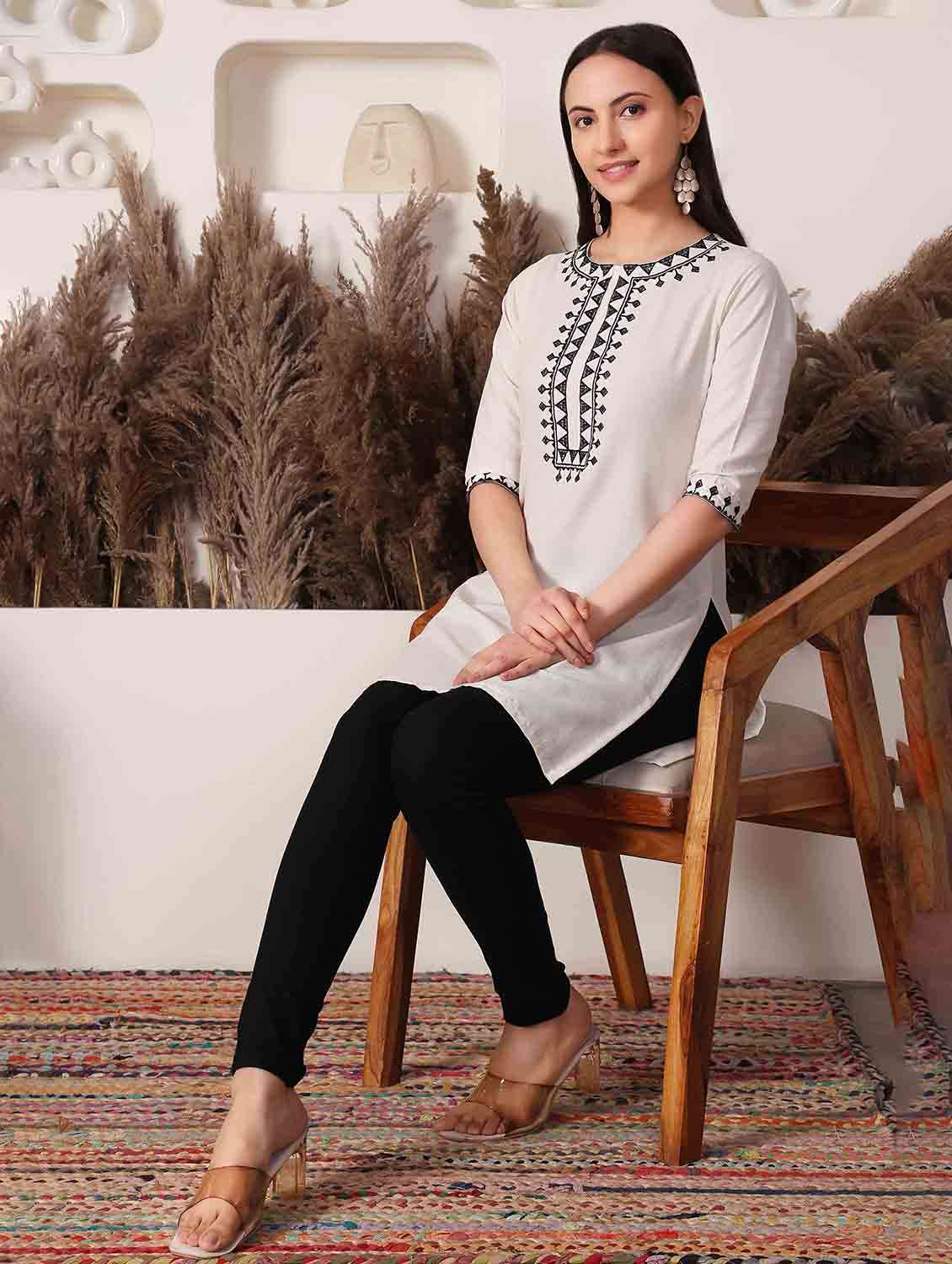 women embroidered three quarter sleeve straight kurti - 22498127 -  Standard Image - 4