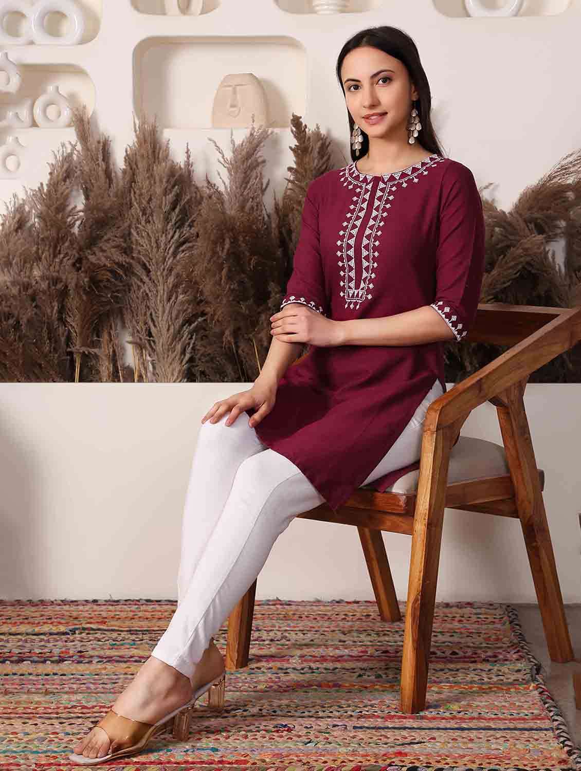 Women Embroidered Three Quarter Sleeve Straight Kurti - 22498128 -  Standard Image - 4