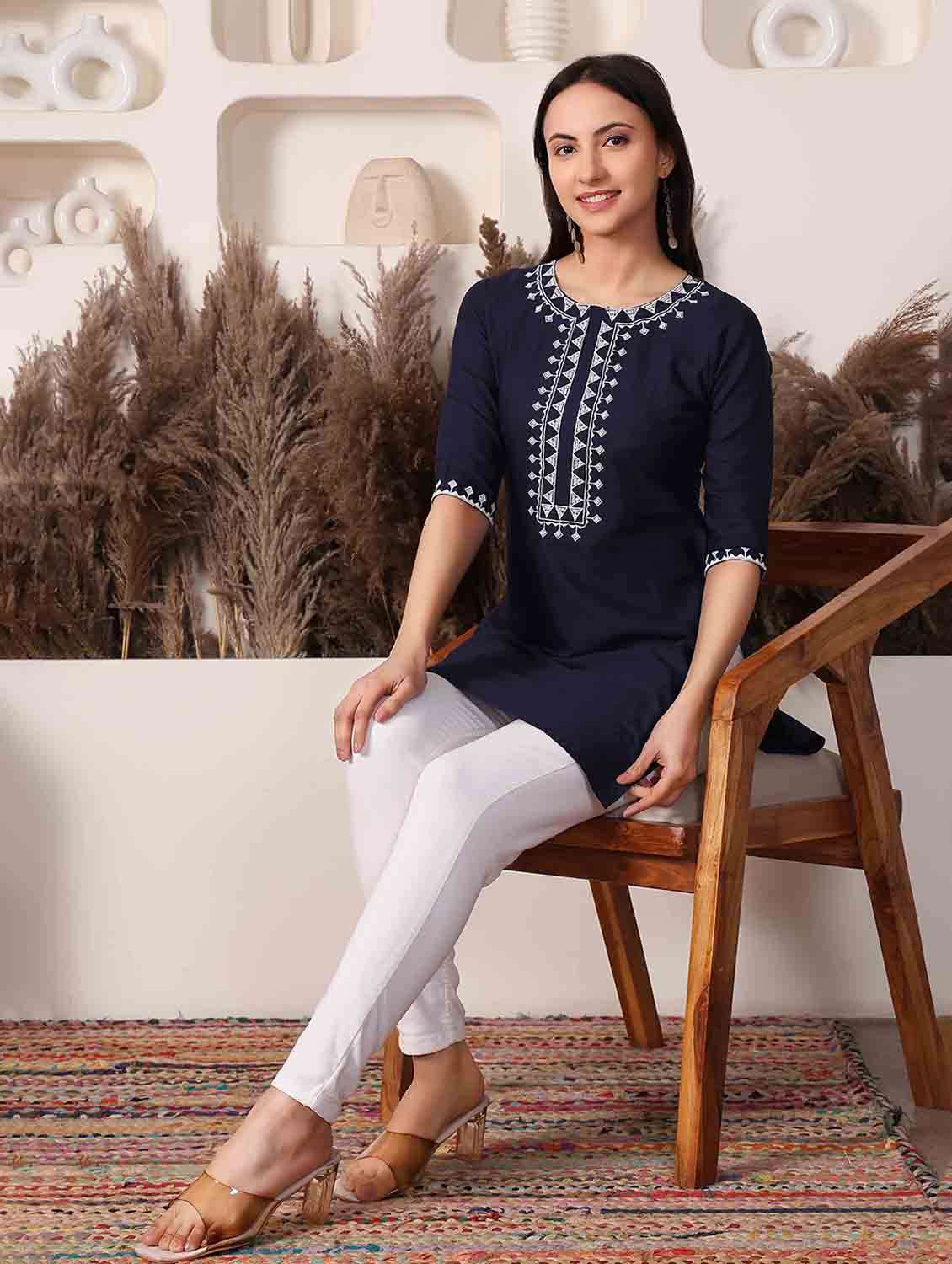 Women Embroidered Three Quarter Sleeve Straight Kurti - 22498129 -  Standard Image - 4