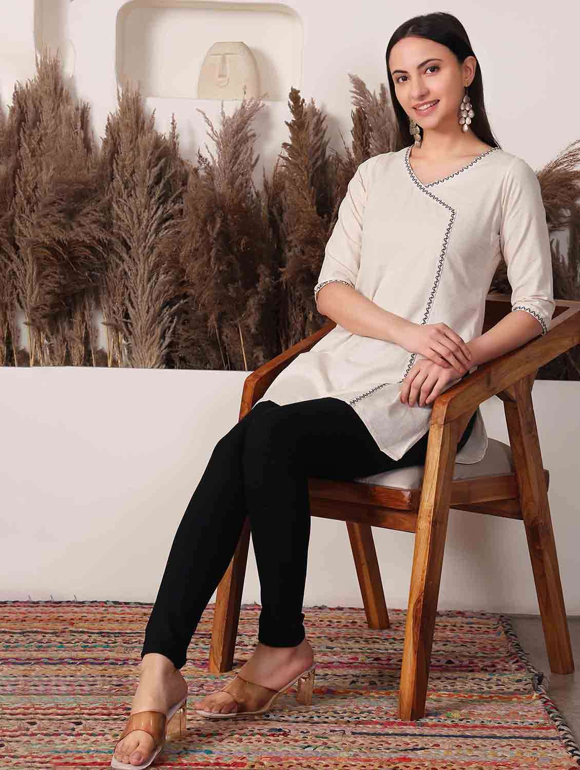women solid three quarter sleeve angrakha kurti - 22498139 -  Standard Image - 4