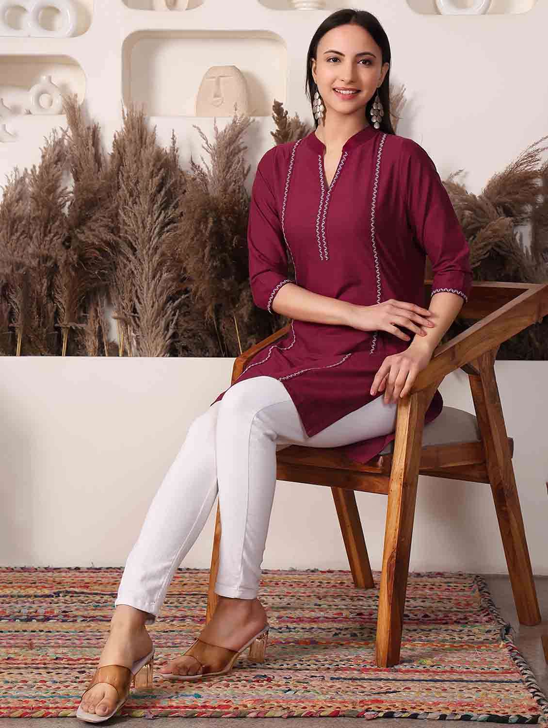 women solid three quarter sleeve straight kurti - 22498143 -  Standard Image - 4