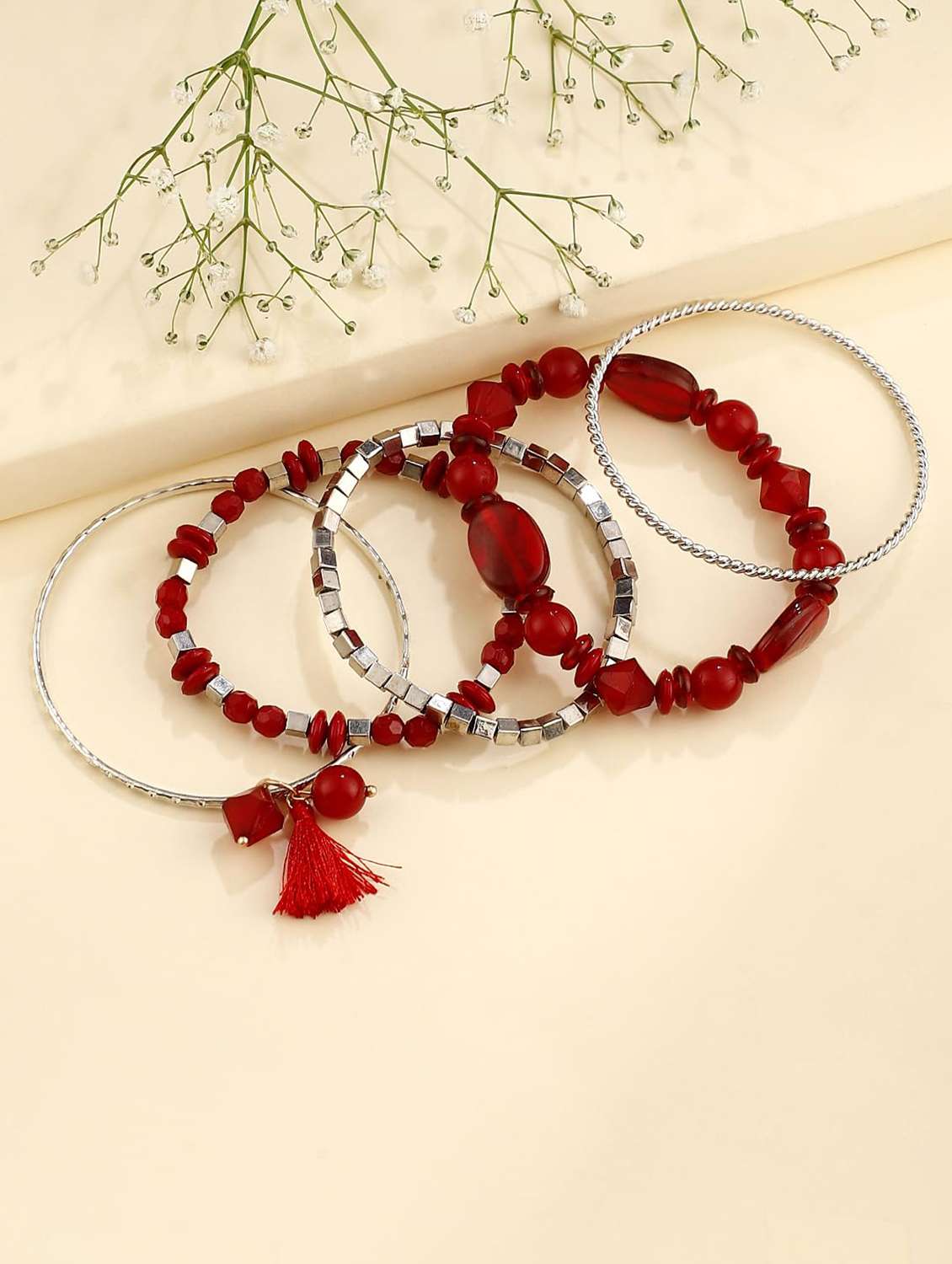 multilayer stretch bangles with metal accents and tassel set of 5 - 22498176 -  Standard Image - 1
