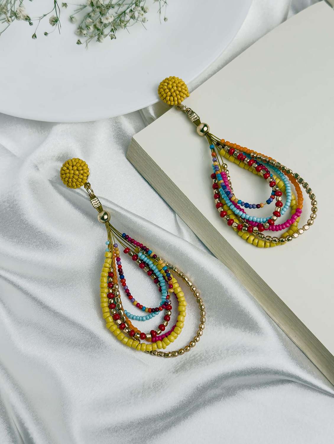 multi color seed beads boho handmade dangle earrings