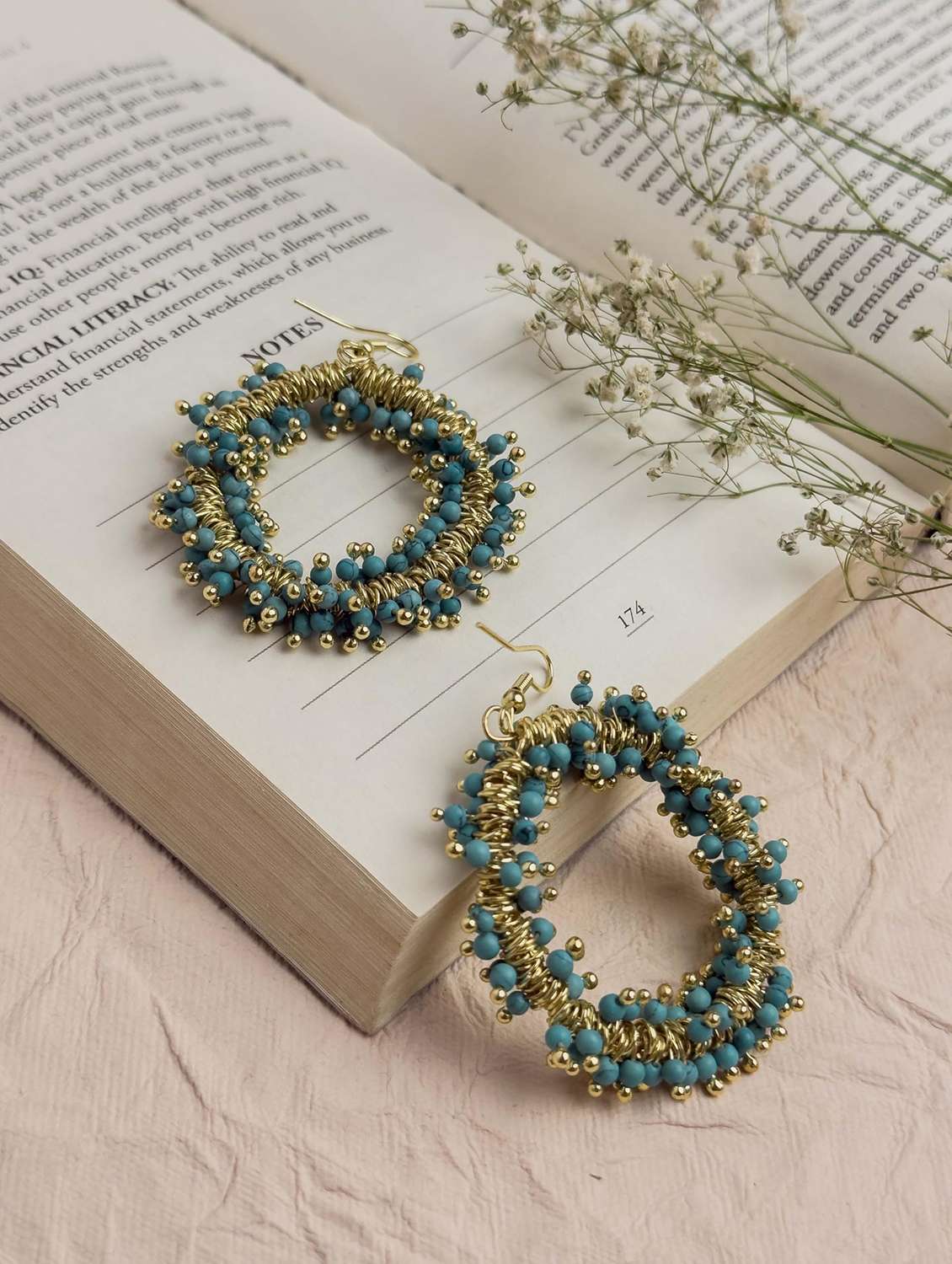 turquoise beads & brass ring drop earrings