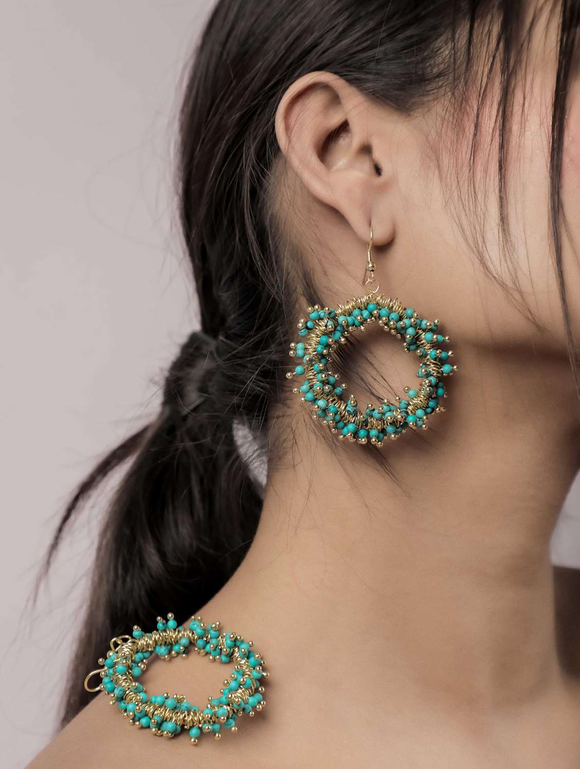 turquoise beads & brass ring drop earrings - 22498186 -  Standard Image - 1