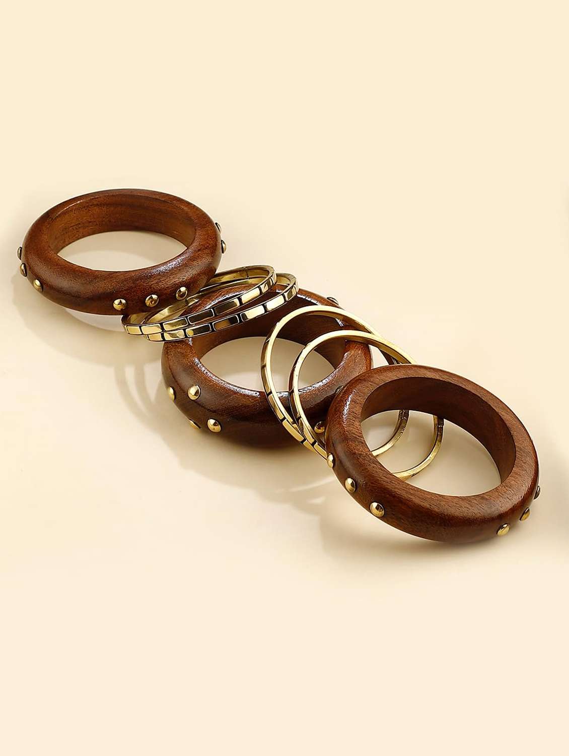 handcrafted brown wood bangles with metal detailing (set of 7) - 22498198 -  Standard Image - 1