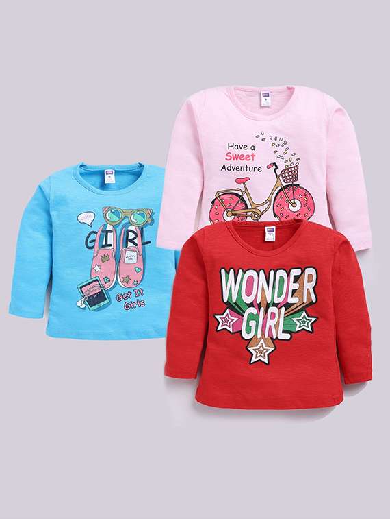 girls pack of 3 front printed round neck tees