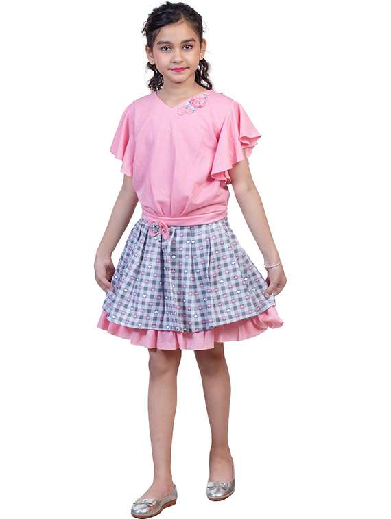 pink checked ruffle sleeve a-line dress