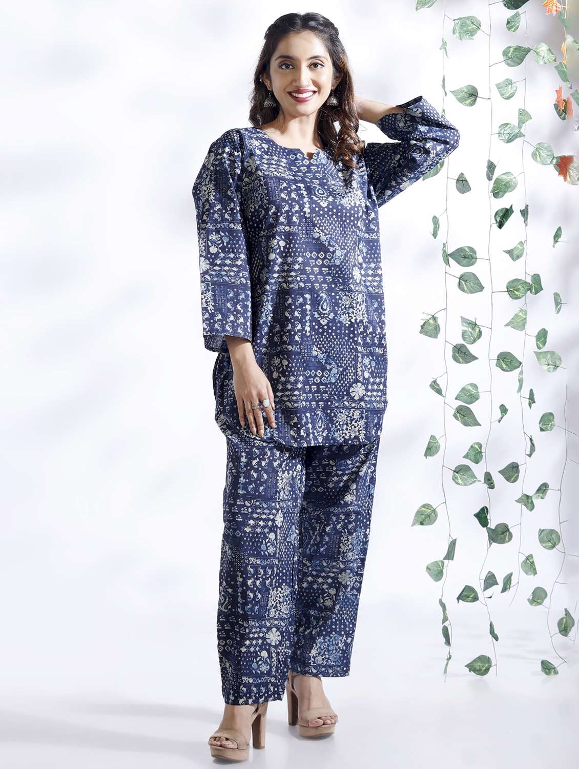 women printed three quarter sleeve nightwear set - 22498566 -  Standard Image - 1