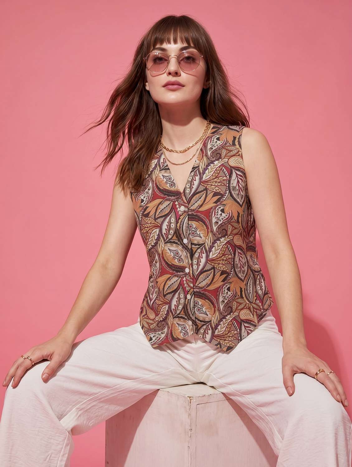 women printed sleeveless regular fit vest top - 22498661 -  Standard Image - 1