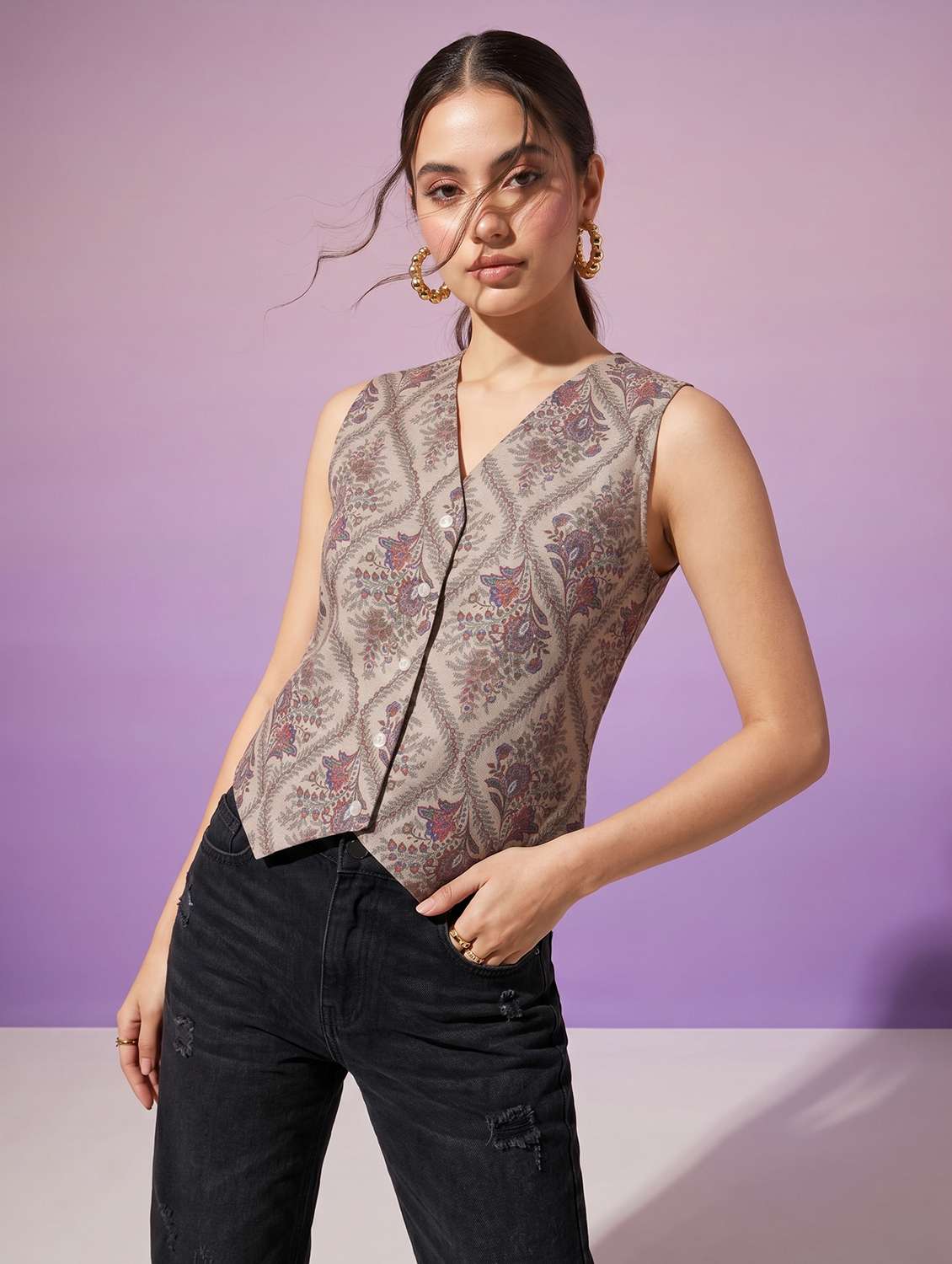 women printed sleeveless regular fit vest top - 22498664 -  Standard Image - 1