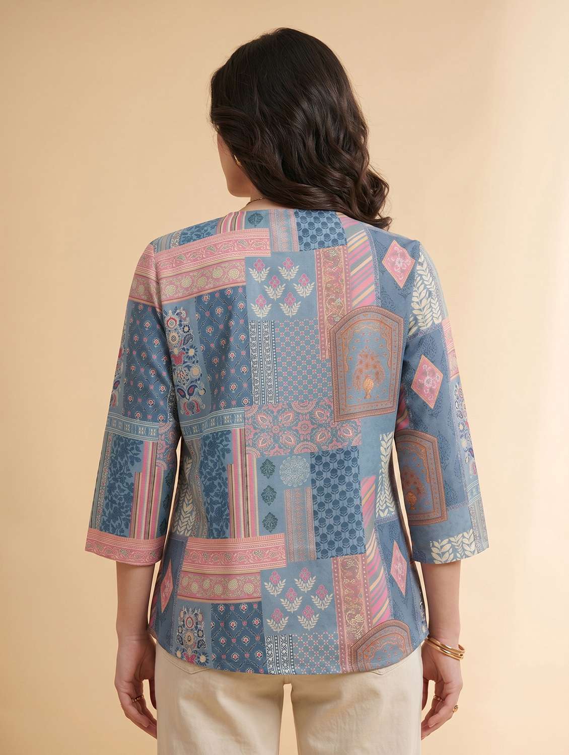 women printed three quarter sleeve ethnic top - 22498670 -  Standard Image - 4