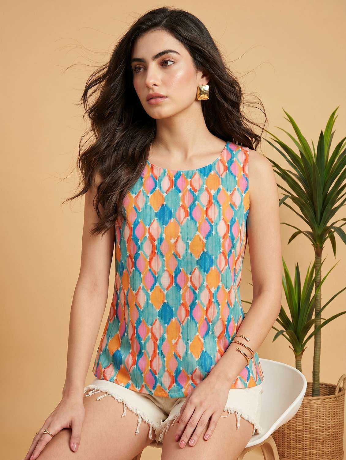 women ikat printed sleeveless ethnic top