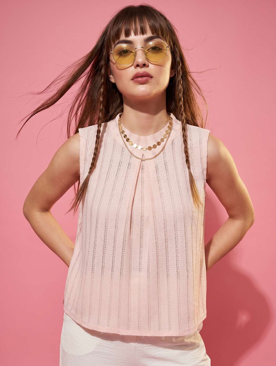 peach sleeveless textured high neck vest top