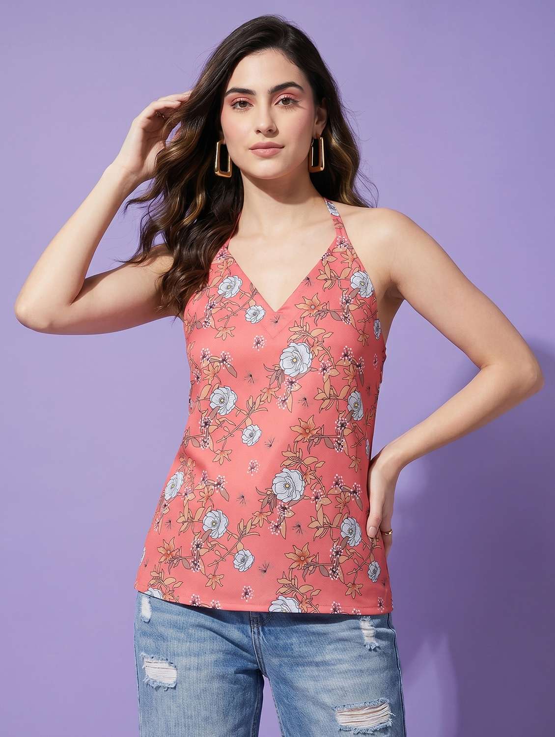women floral printed halter neck top