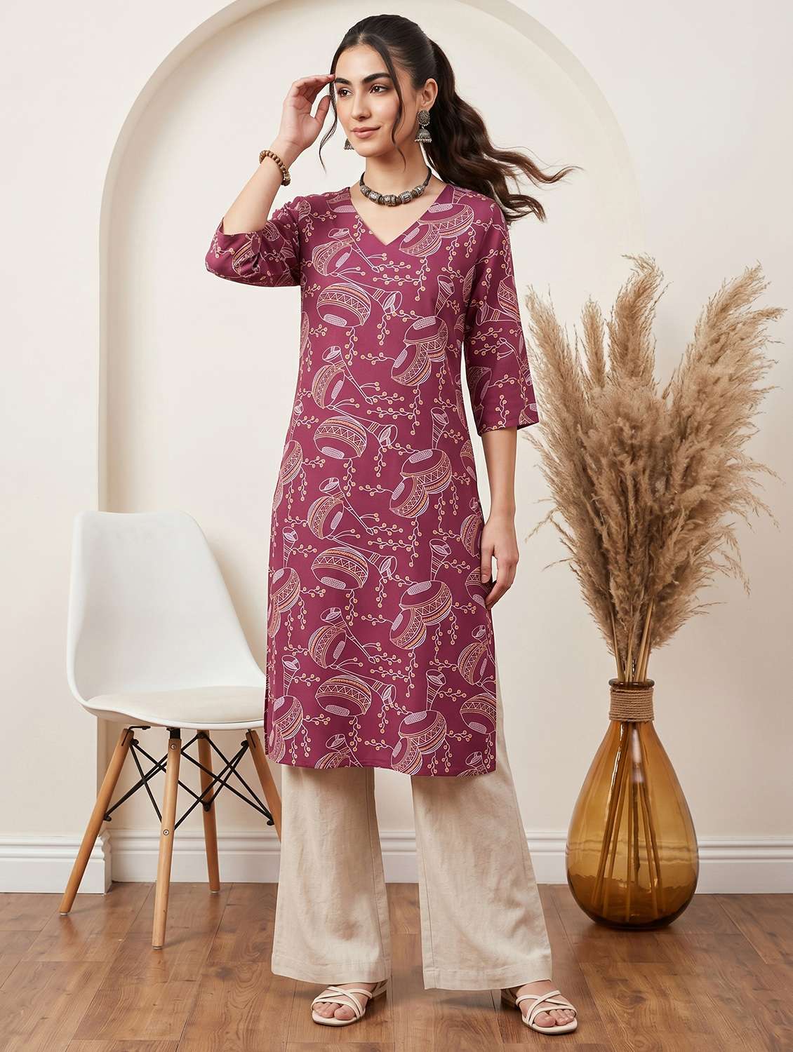 women printed three quarter sleeve straight kurta