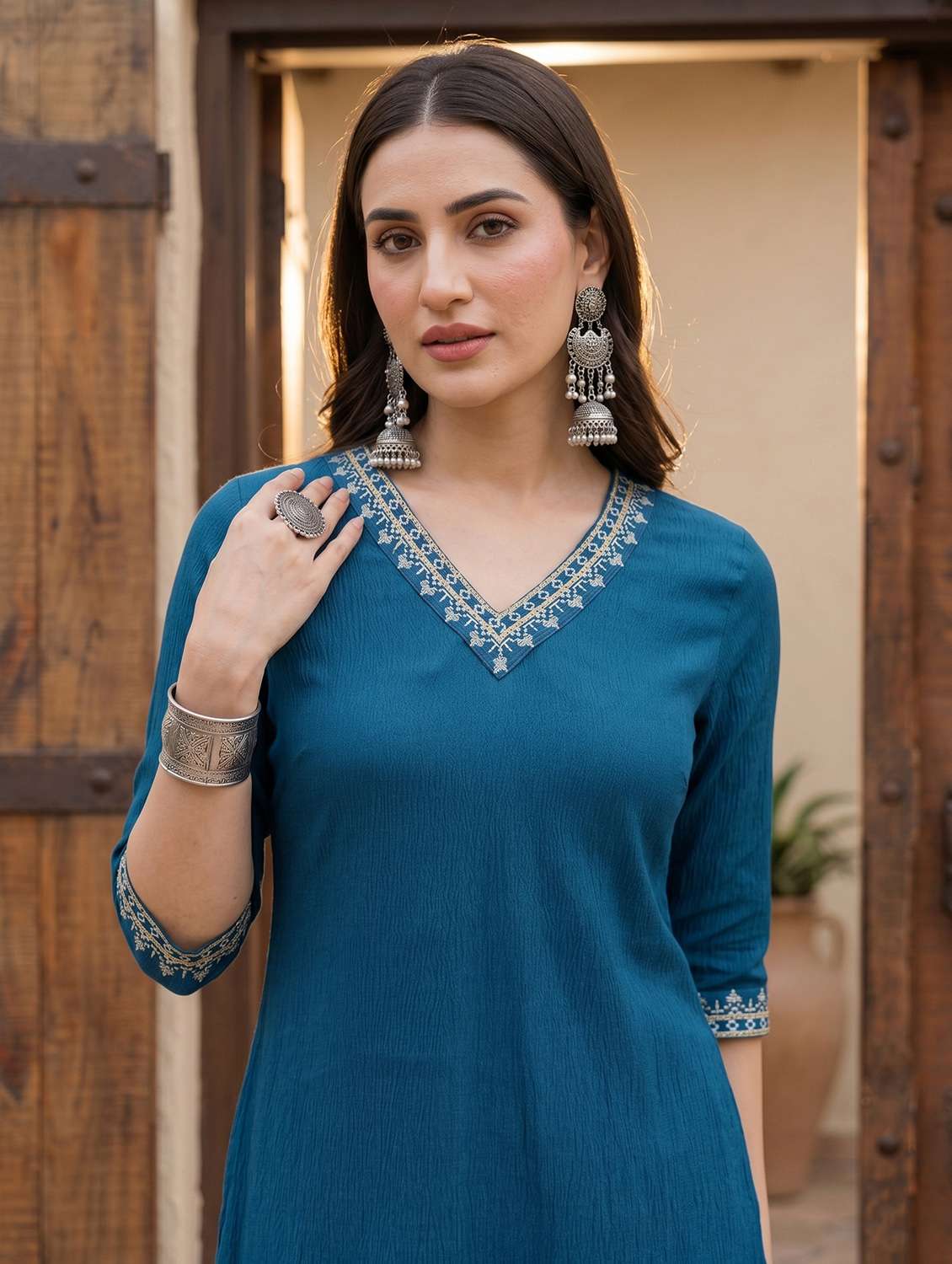 women solid three quarter sleeve kurta pant set - 22498720 -  Standard Image - 1