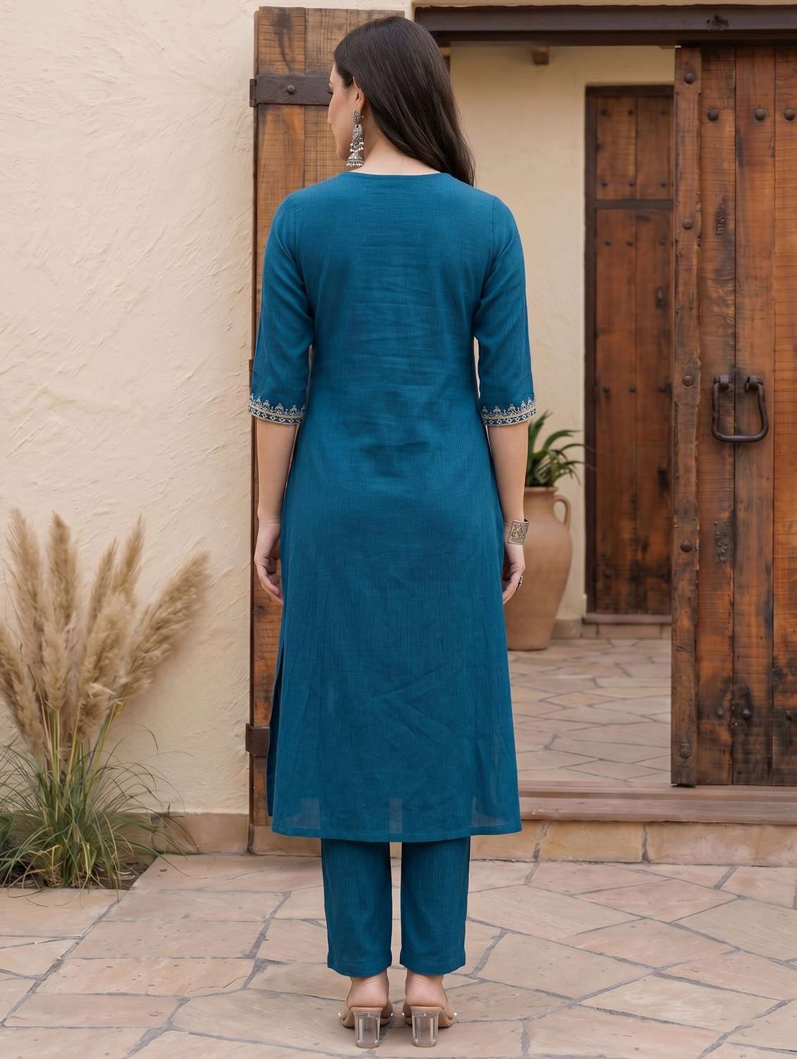women solid three quarter sleeve kurta pant set - 22498720 -  Standard Image - 4