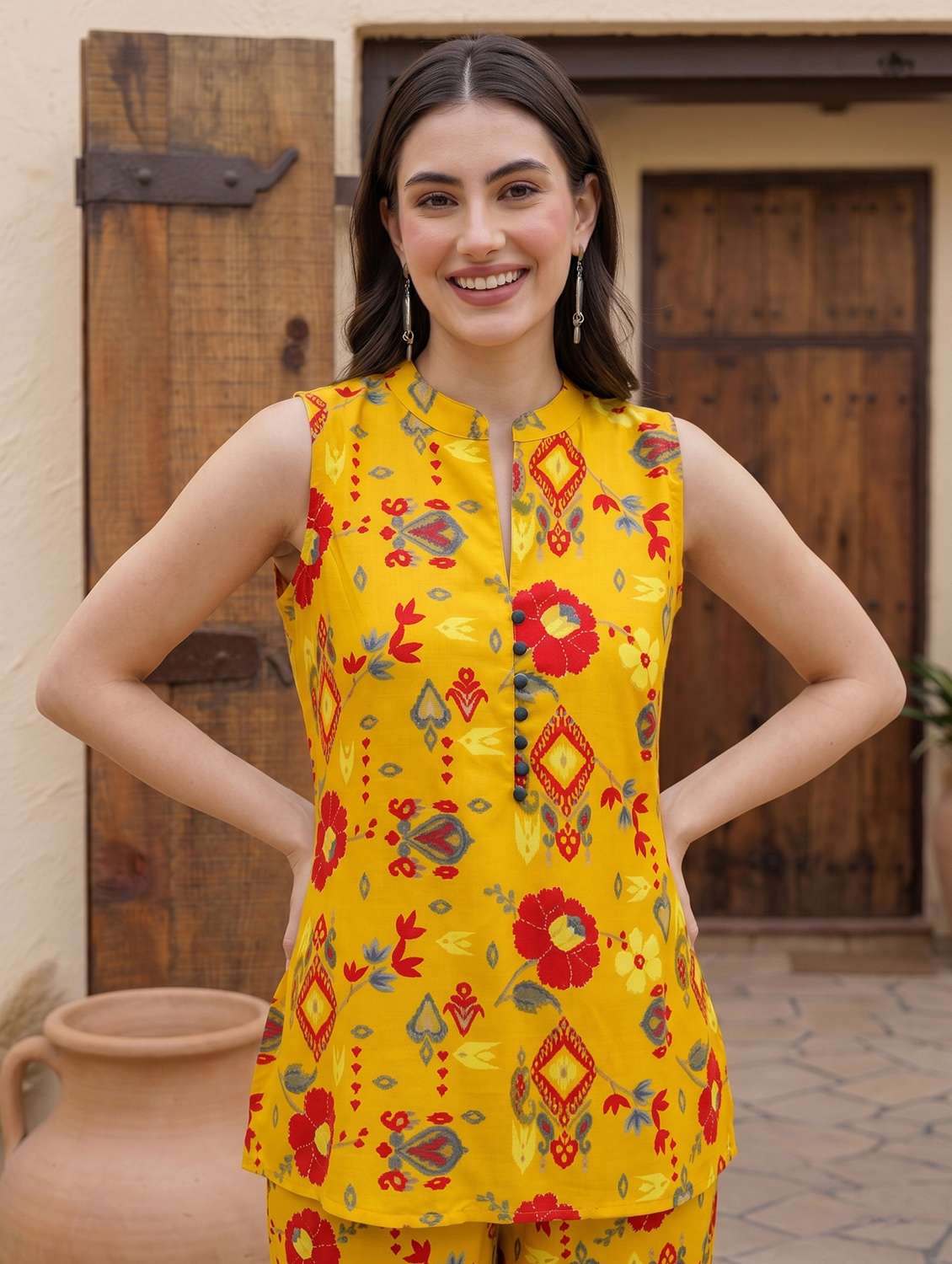 women printed sleeveless ethnic co-ord set - 22498725 -  Standard Image - 1