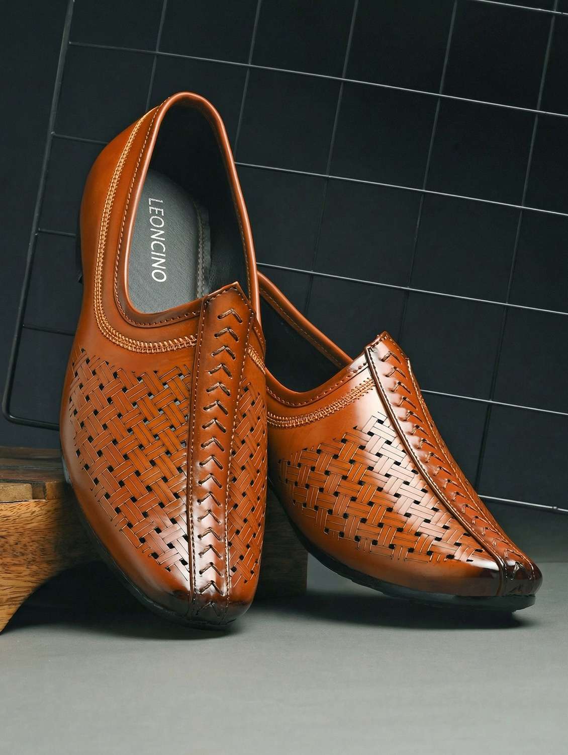 men tan slip on mojari
