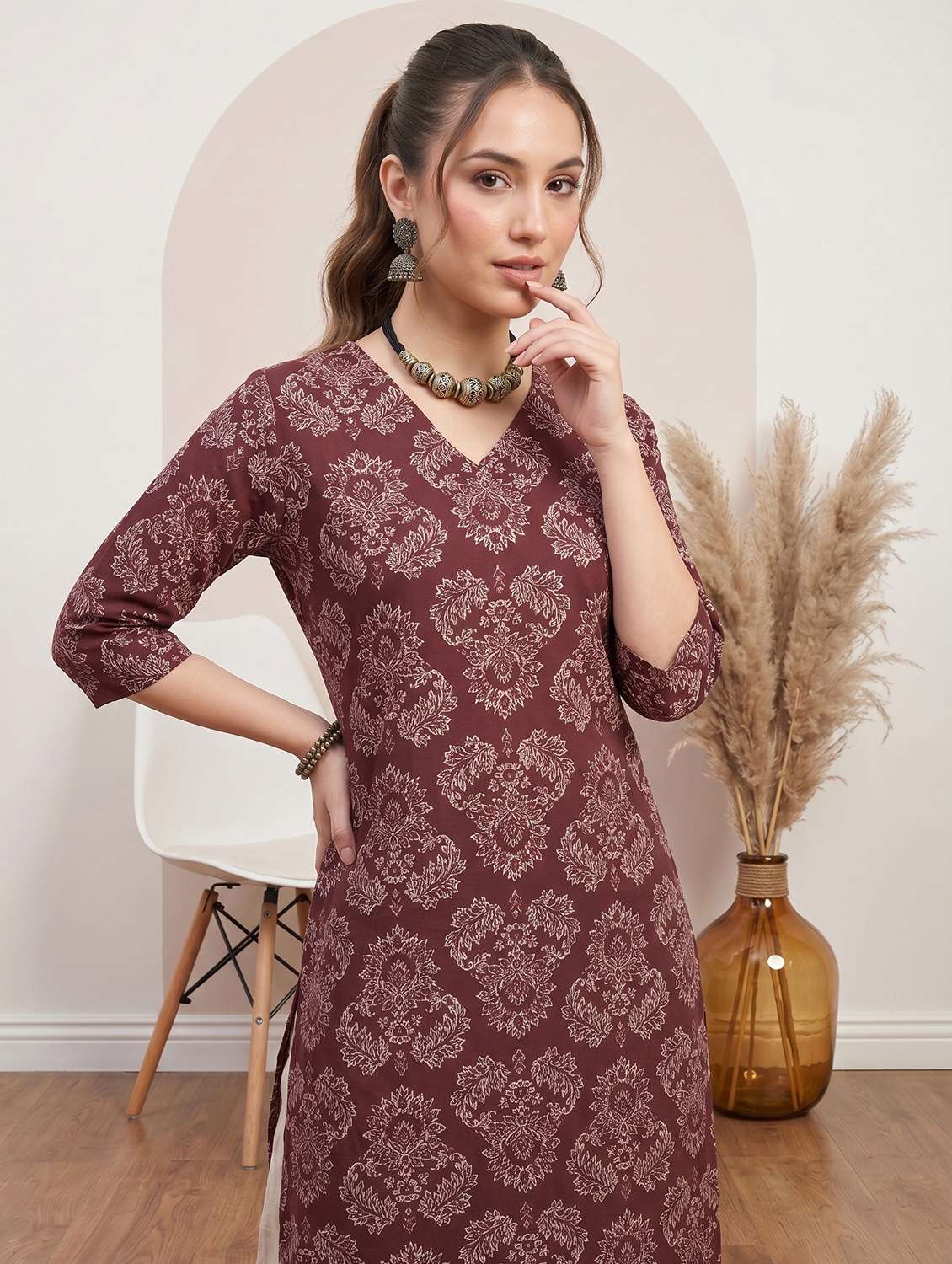 women printed three quarter sleeve straight kurta - 22499088 -  Standard Image - 1