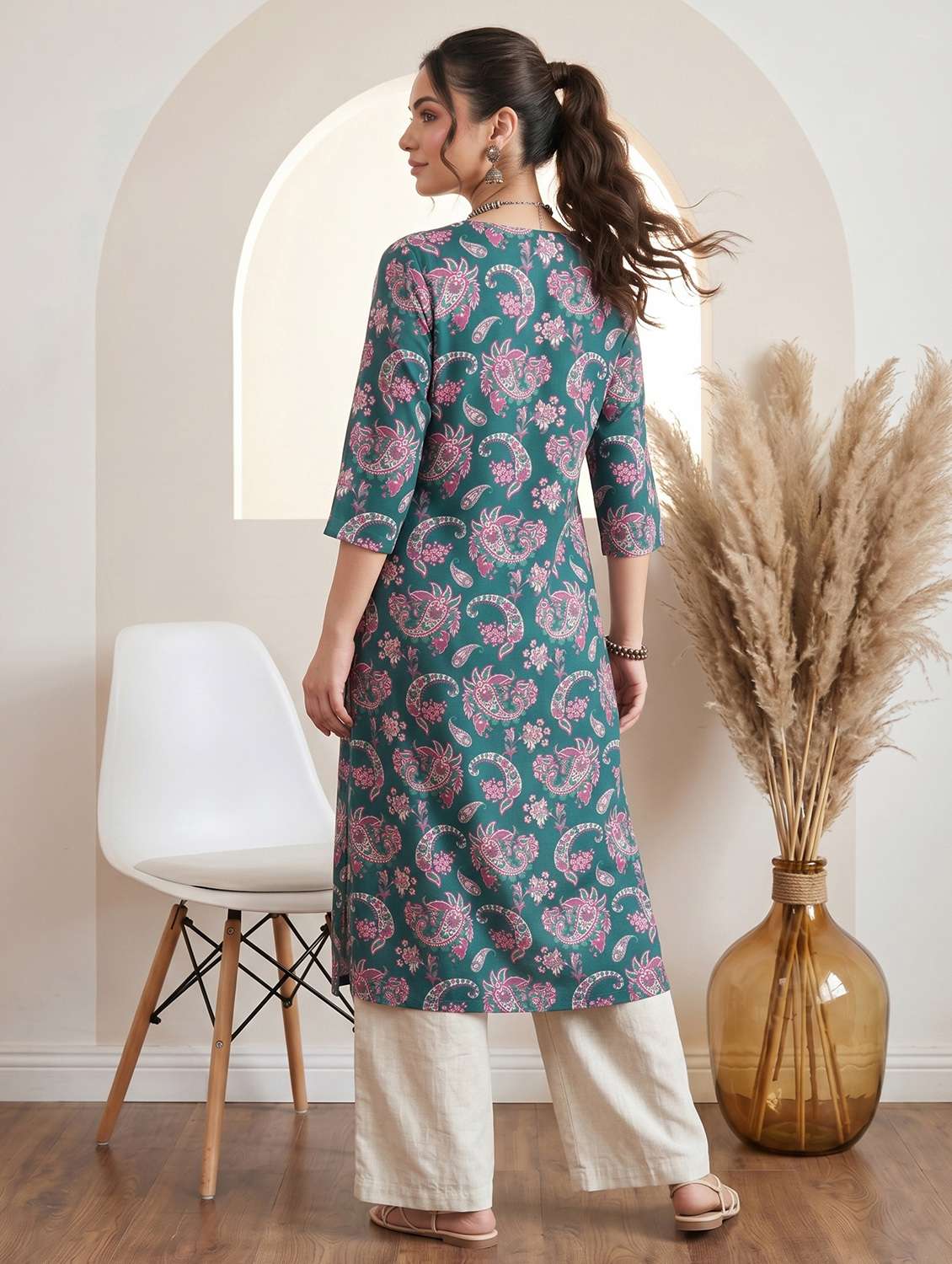 women printed three quarter sleeve straight kurta - 22499095 -  Standard Image - 4