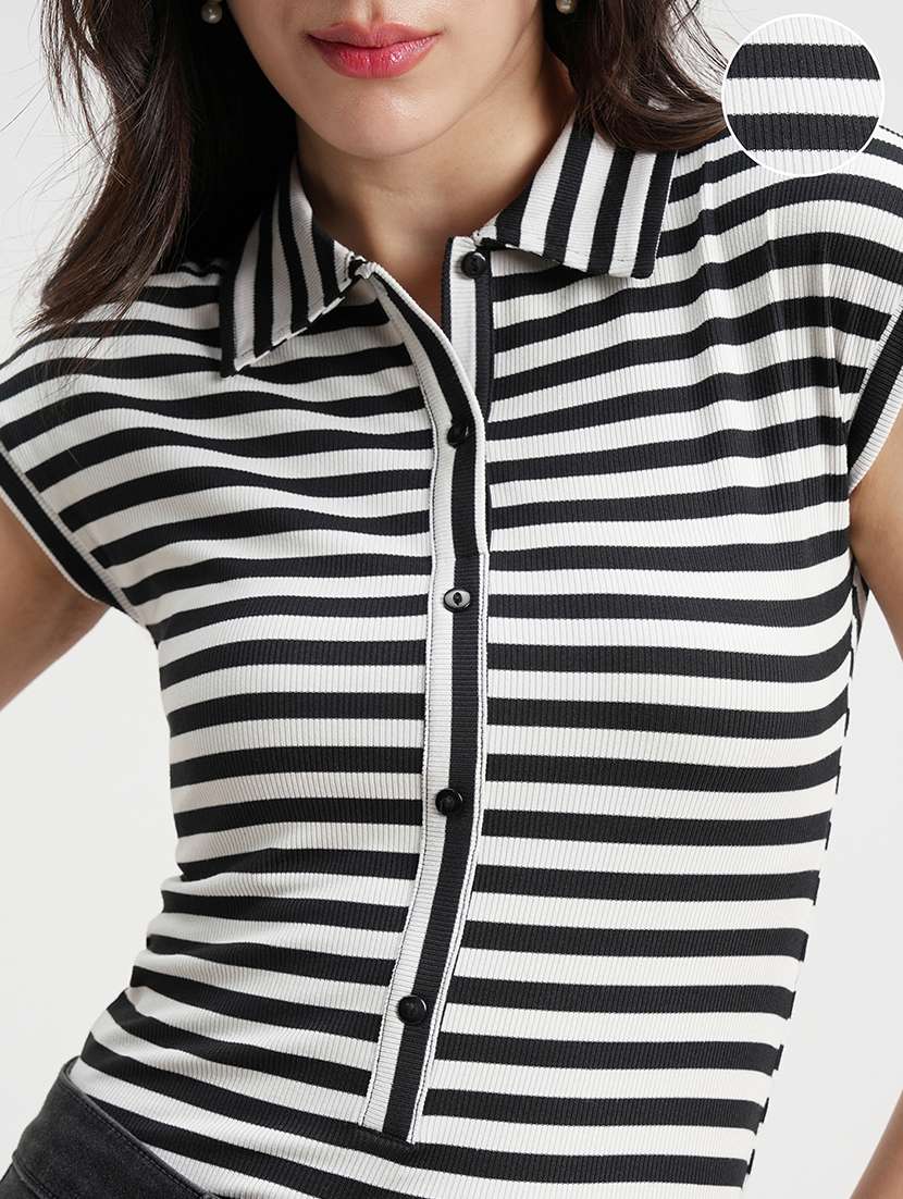 Women Striped Printed Short Sleeves Bodysuit - 22499129 -  Standard Image - 1