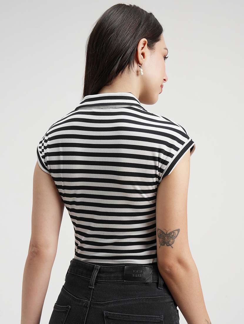 Women Striped Printed Short Sleeves Bodysuit - 22499129 -  Standard Image - 4