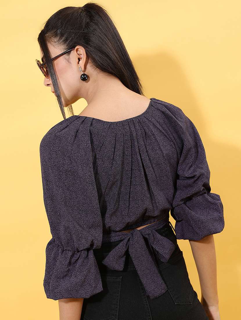 black self design three quarter sleeve top - 22499134 -  Standard Image - 4