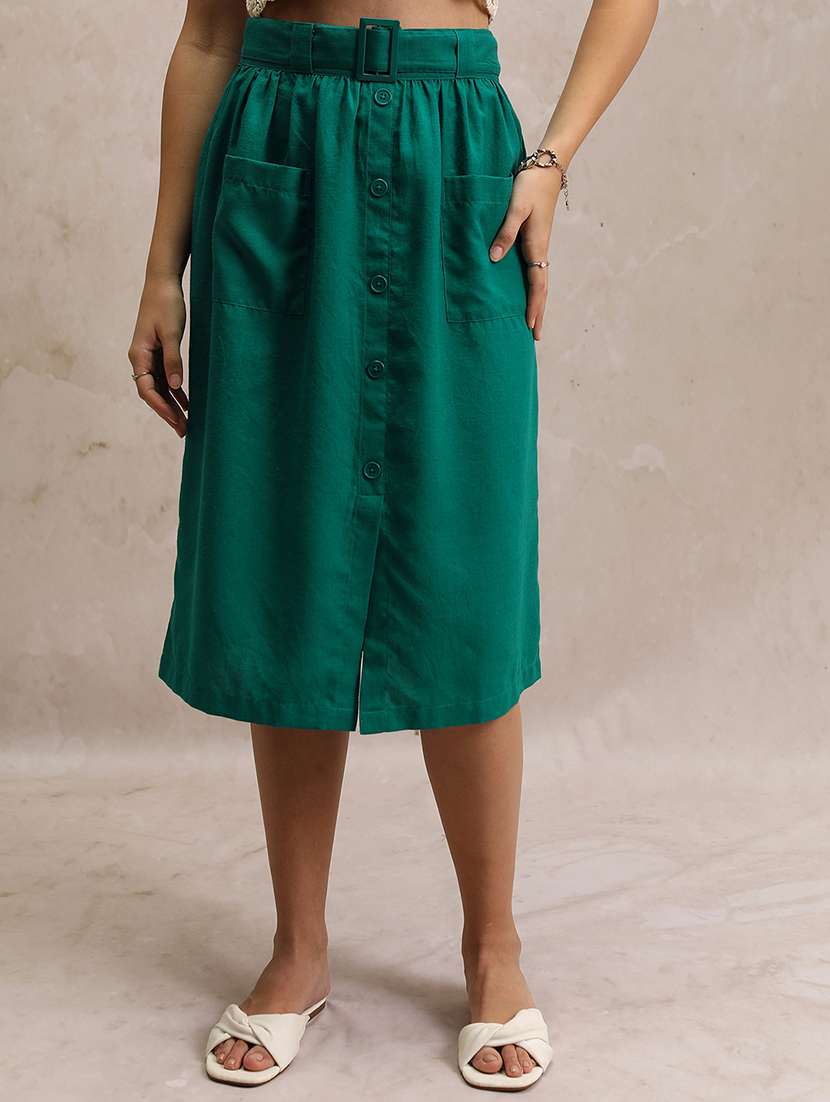 women solid mid rise midi a-line skirt