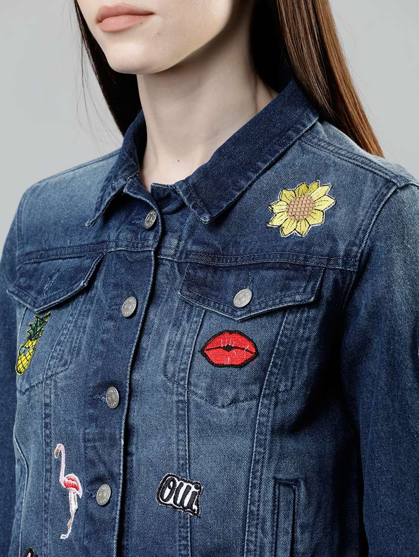 women solid with patchwork long sleeves denim shirt - 22499344 -  Standard Image - 1