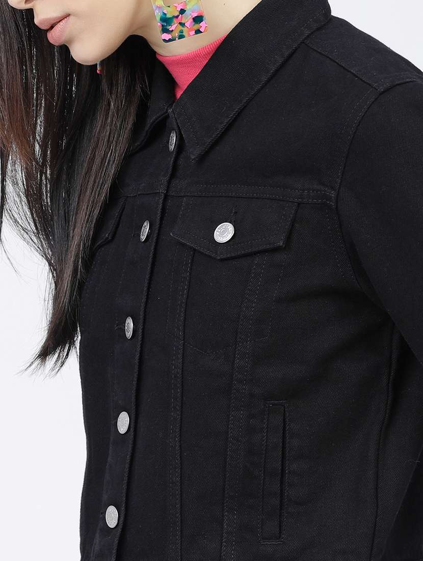 women solid three quarter sleeves denim jacket - 22499345 -  Standard Image - 1