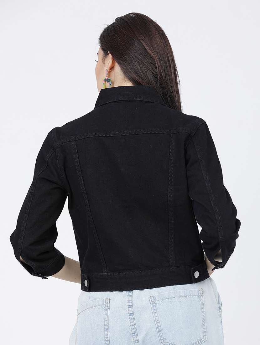 women solid three quarter sleeves denim jacket - 22499345 -  Standard Image - 4