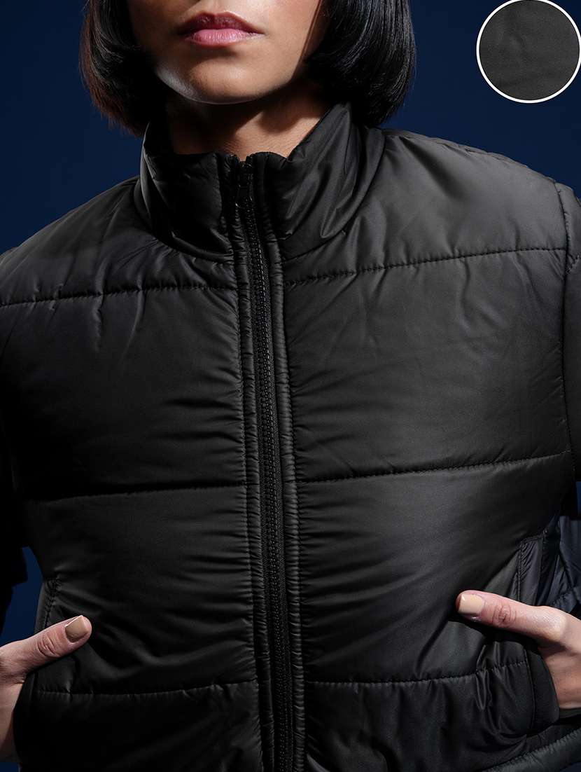 women solid long sleeves crop puffer jacket - 22499346 -  Standard Image - 1