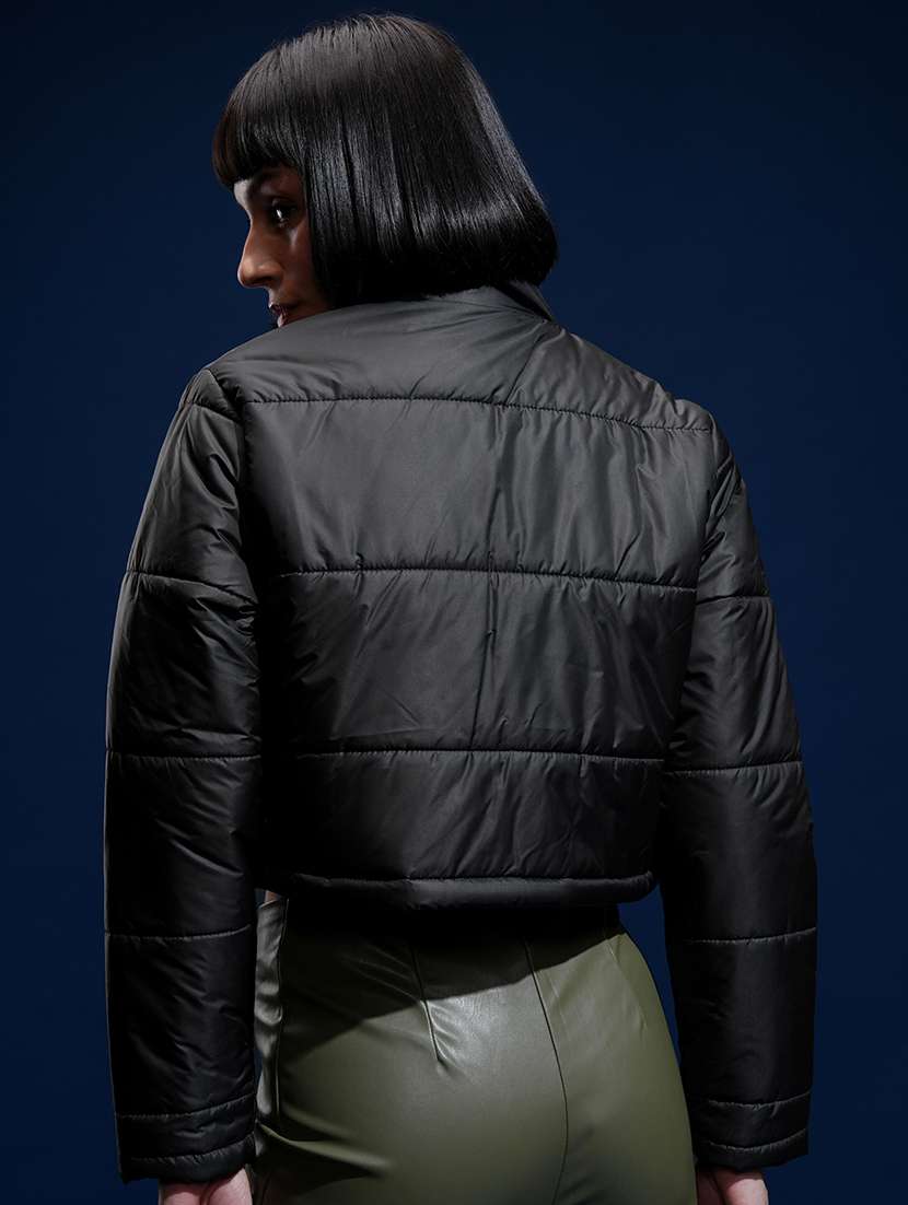 women solid long sleeves crop puffer jacket - 22499346 -  Standard Image - 4
