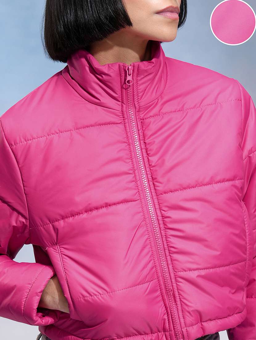 women solid long sleeves crop puffer jacket - 22499347 -  Standard Image - 1
