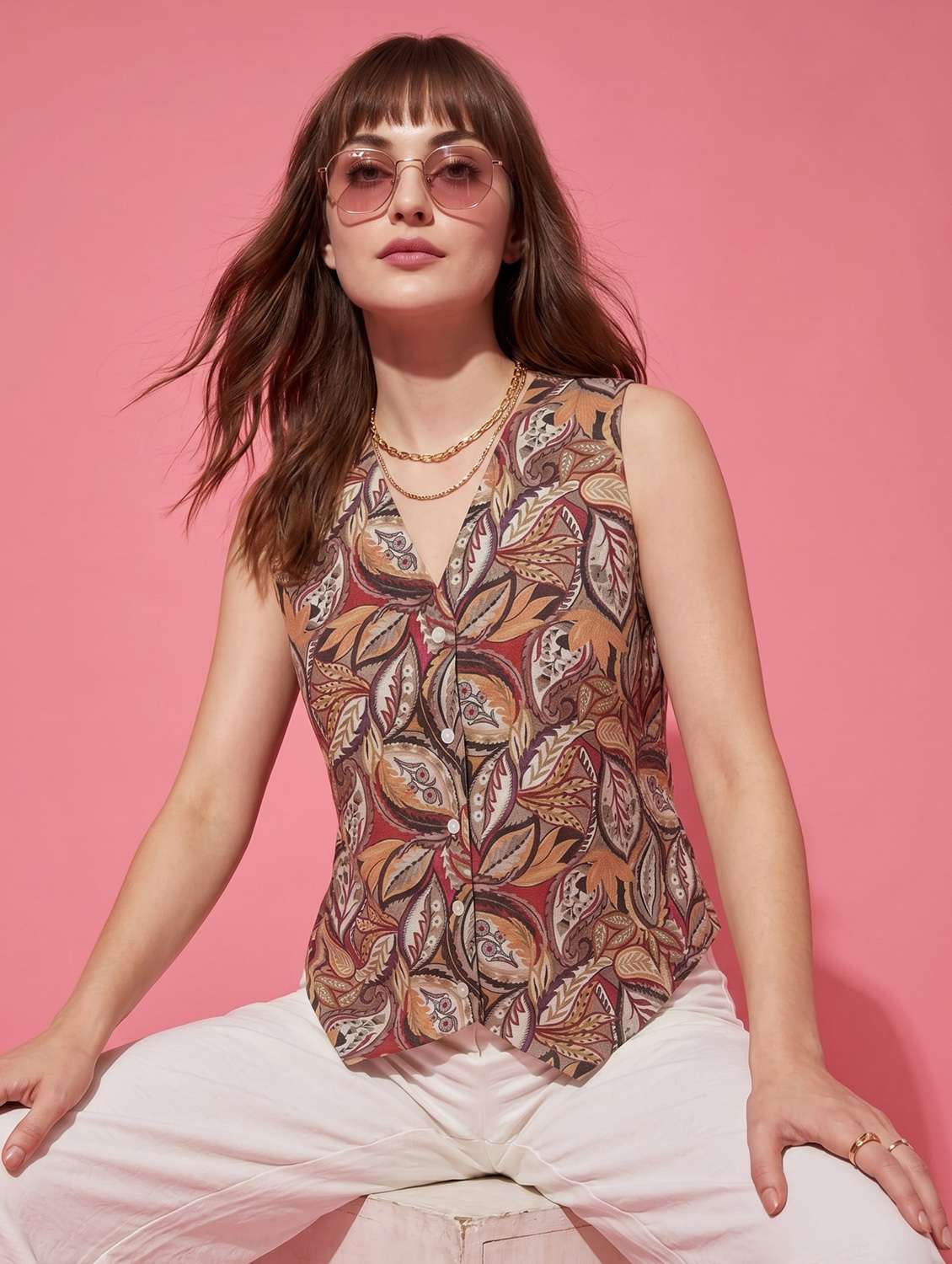 women printed sleeveless vest top - 22499418 -  Standard Image - 1