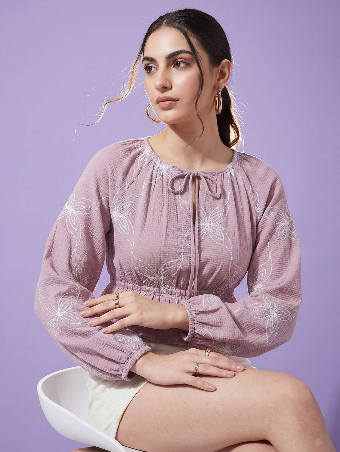 women self design long sleeve crop top