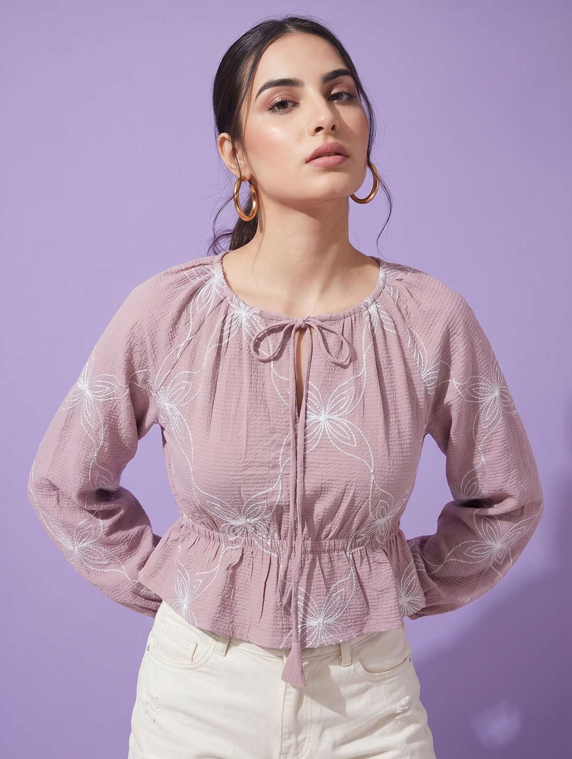 women self design long sleeve crop top - 22499434 -  Standard Image - 1