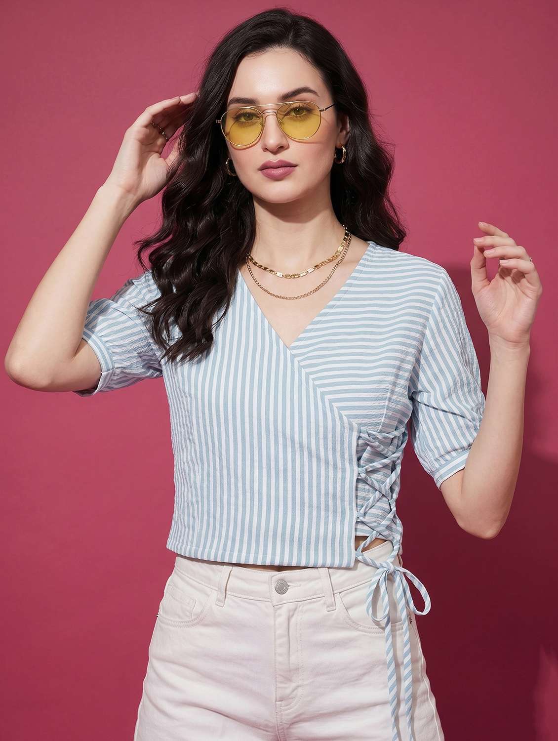 women striped puff sleeve crop top