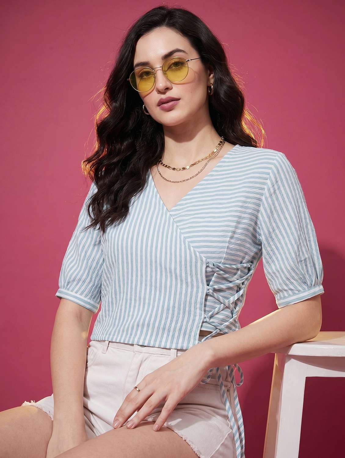 women striped puff sleeve crop top - 22499450 -  Standard Image - 1