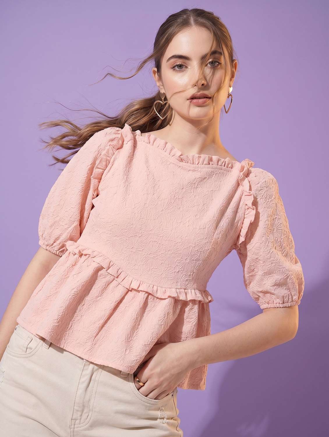 women self design puff sleeve peplum top - 22499451 -  Standard Image - 1