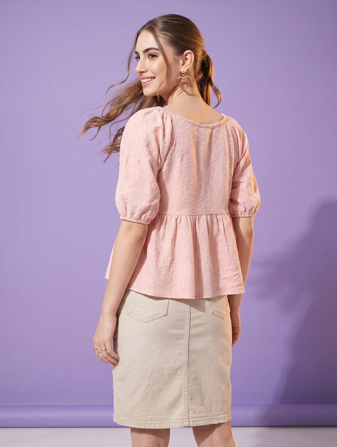 women self design puff sleeve peplum top - 22499451 -  Standard Image - 4